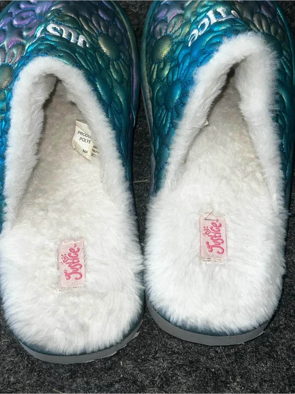 Justice Girls’ Faux Fur Slippers – Iridescent Floral – Size 4–5